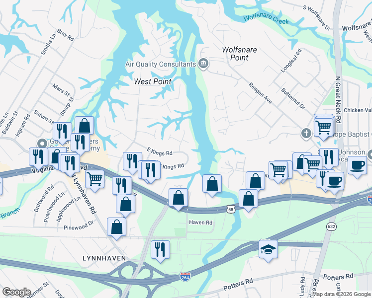 map of restaurants, bars, coffee shops, grocery stores, and more near 2617 East Kings Road in Virginia Beach