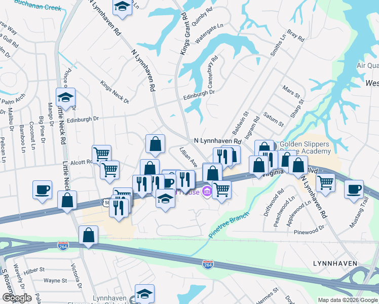 map of restaurants, bars, coffee shops, grocery stores, and more near 3040 Belle Haven Drive in Virginia Beach