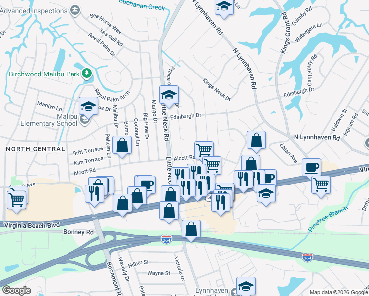 map of restaurants, bars, coffee shops, grocery stores, and more near 401 King James Court in Virginia Beach