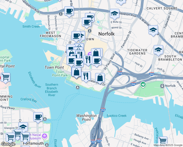 map of restaurants, bars, coffee shops, grocery stores, and more near 999 Waterside Drive in Norfolk