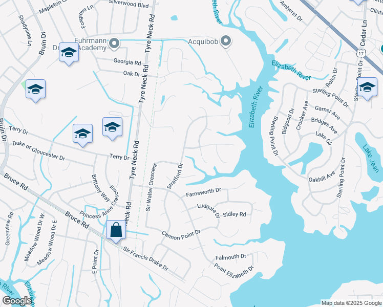 map of restaurants, bars, coffee shops, grocery stores, and more near 3017 Stratford Drive in Chesapeake