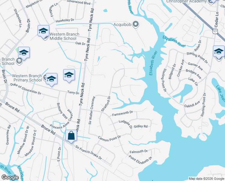 map of restaurants, bars, coffee shops, grocery stores, and more near 3017 Stratford Drive in Chesapeake