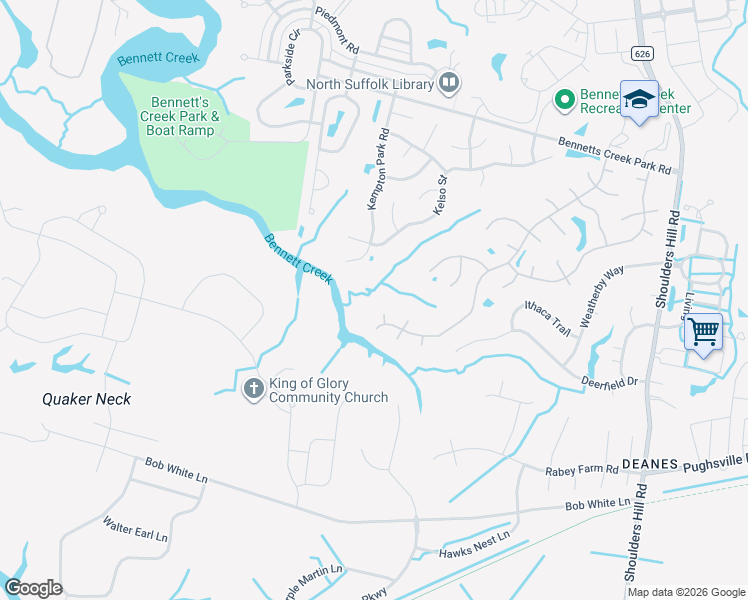 map of restaurants, bars, coffee shops, grocery stores, and more near 6044 Steeplechase Lane in Suffolk