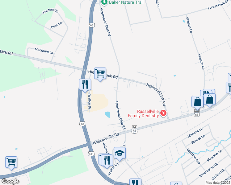 map of restaurants, bars, coffee shops, grocery stores, and more near 1001-1099 Sportsman Club Rd in Russellville