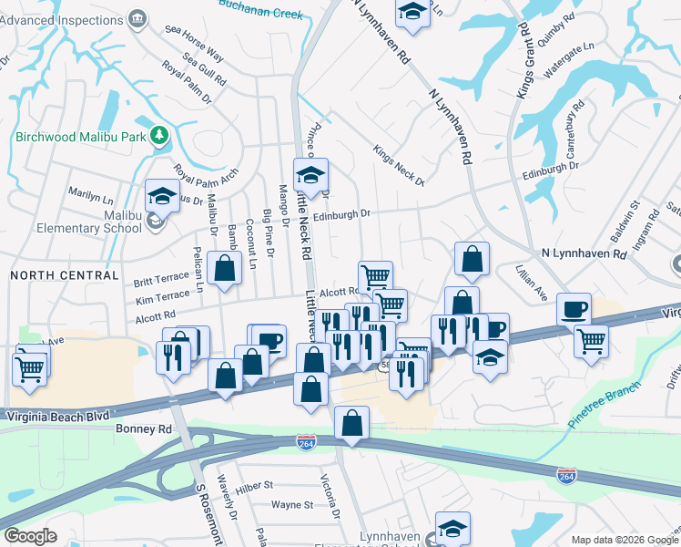 map of restaurants, bars, coffee shops, grocery stores, and more near 401 King James Court in Virginia Beach