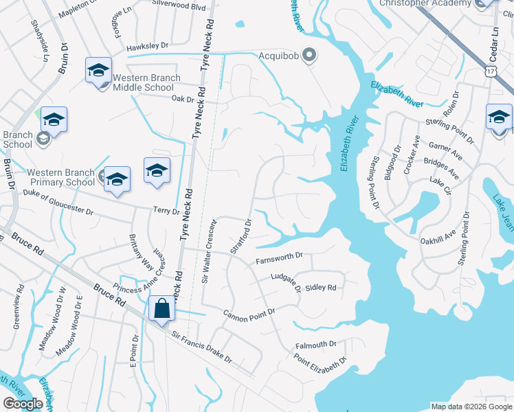 map of restaurants, bars, coffee shops, grocery stores, and more near 3017 Stratford Drive in Chesapeake