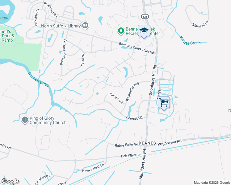 map of restaurants, bars, coffee shops, grocery stores, and more near 3629 Ithaca Trail in Suffolk