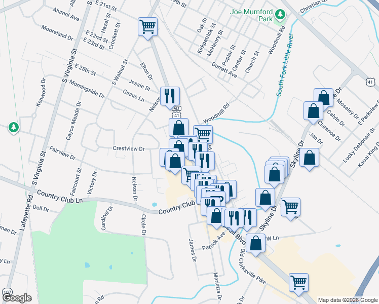 map of restaurants, bars, coffee shops, grocery stores, and more near 2602 Fort Campbell Blvd in Hopkinsville