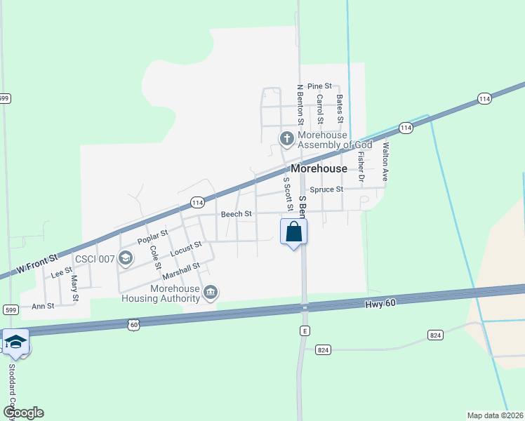 map of restaurants, bars, coffee shops, grocery stores, and more near 201-399 Madison Street in Morehouse