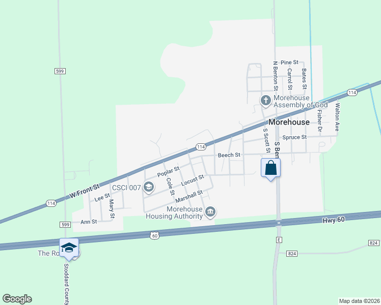map of restaurants, bars, coffee shops, grocery stores, and more near 102-415 Poplar Street in Morehouse