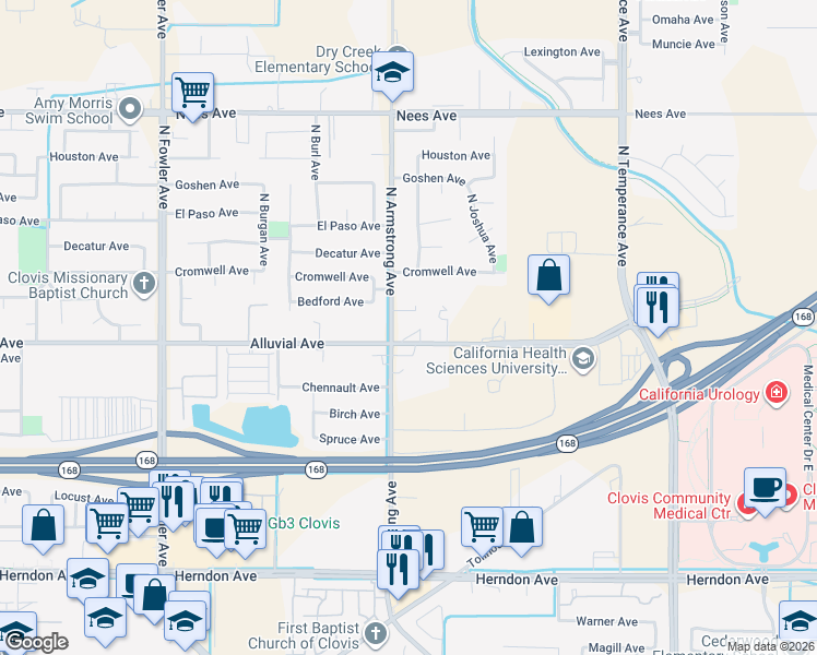 map of restaurants, bars, coffee shops, grocery stores, and more near 827 North Armstrong Avenue in Clovis