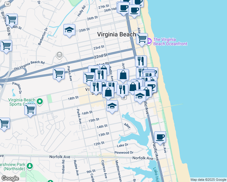 map of restaurants, bars, coffee shops, grocery stores, and more near 1718 Baltic Avenue in Virginia Beach