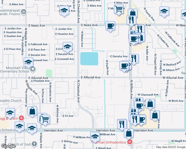 map of restaurants, bars, coffee shops, grocery stores, and more near 2672 East Alluvial Avenue in Fresno