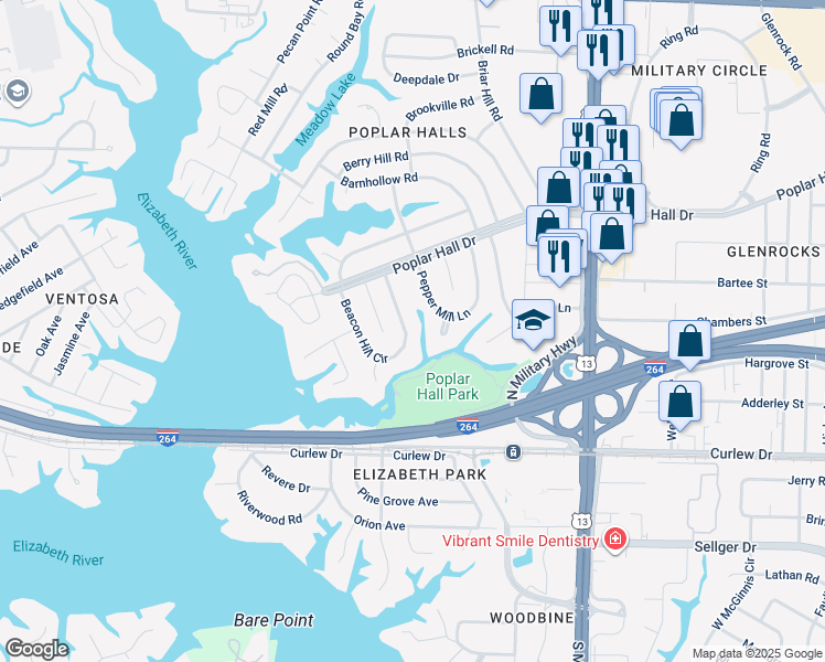 map of restaurants, bars, coffee shops, grocery stores, and more near 465 Beacon Hill Circle in Norfolk
