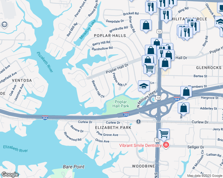 map of restaurants, bars, coffee shops, grocery stores, and more near 465 Beacon Hill Circle in Norfolk