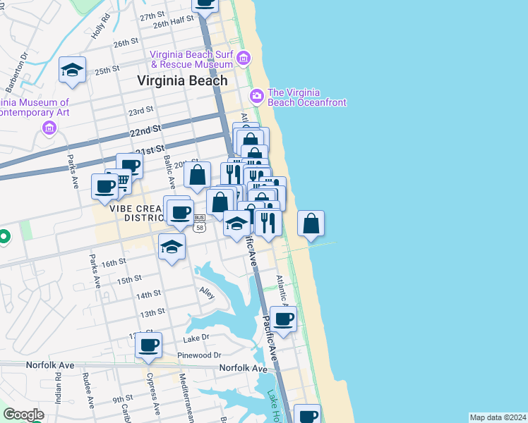 map of restaurants, bars, coffee shops, grocery stores, and more near 1700 Atlantic Avenue in Virginia Beach