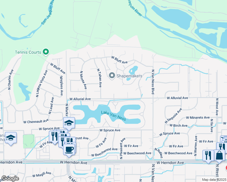 map of restaurants, bars, coffee shops, grocery stores, and more near 2626 West Alluvial Avenue in Fresno