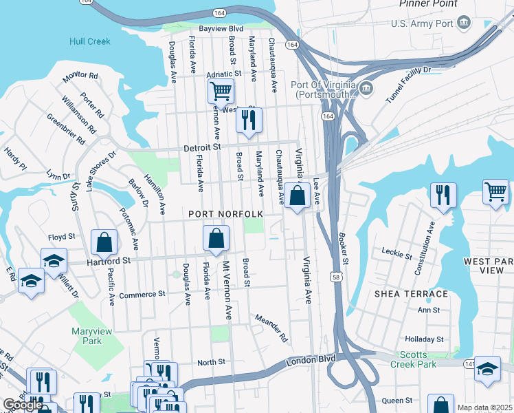 map of restaurants, bars, coffee shops, grocery stores, and more near 546 Maryland Ave in Portsmouth