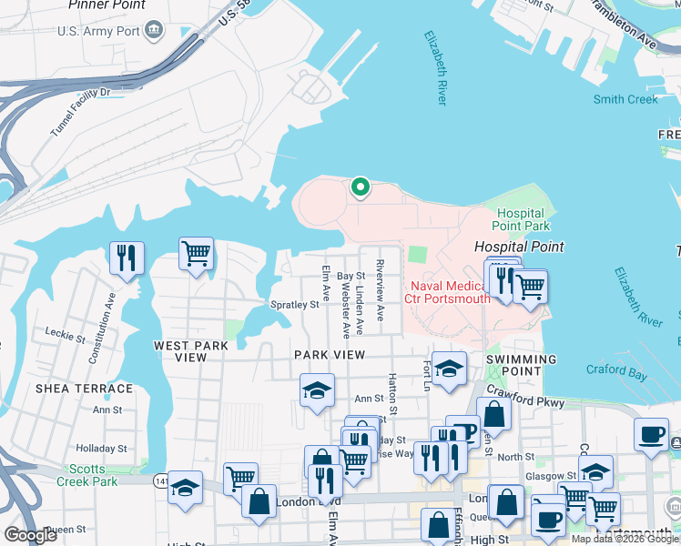 map of restaurants, bars, coffee shops, grocery stores, and more near 1128 Harrell Street in Portsmouth