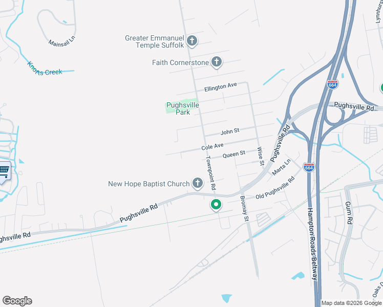 map of restaurants, bars, coffee shops, grocery stores, and more near 4390 Cole Avenue in Suffolk
