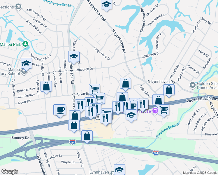 map of restaurants, bars, coffee shops, grocery stores, and more near 412 Philbate Terrace in Virginia Beach