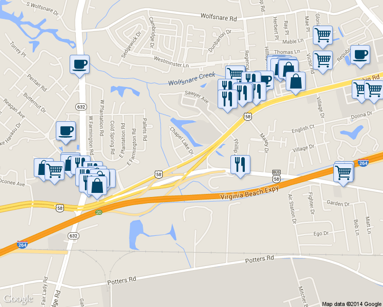 map of restaurants, bars, coffee shops, grocery stores, and more near 520 Chapel Lake Drive in Virginia Beach