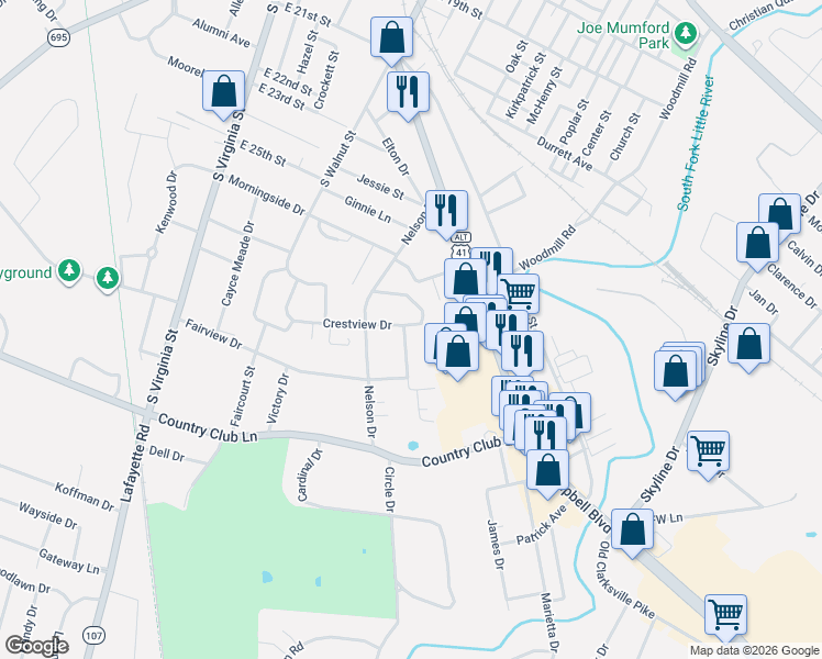 map of restaurants, bars, coffee shops, grocery stores, and more near 2700 Lindsey Drive in Hopkinsville