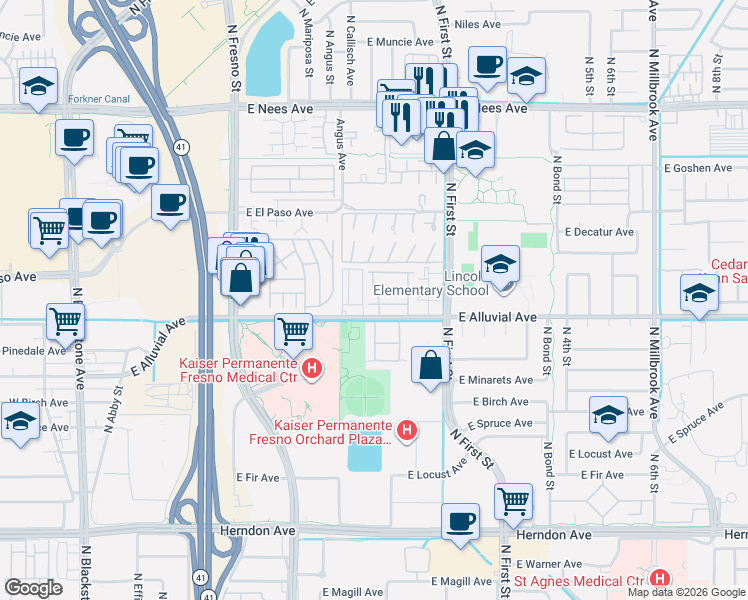 map of restaurants, bars, coffee shops, grocery stores, and more near 474 East Alluvial Avenue in Fresno