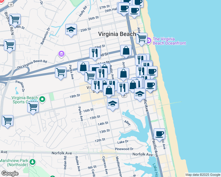 map of restaurants, bars, coffee shops, grocery stores, and more near in Virginia Beach