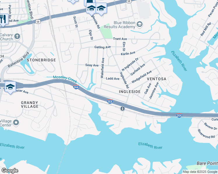 map of restaurants, bars, coffee shops, grocery stores, and more near 3567 Ladd Avenue in Norfolk