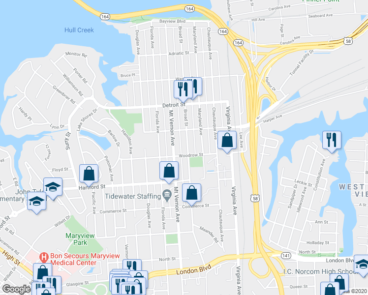 map of restaurants, bars, coffee shops, grocery stores, and more near 515 Broad Street in Portsmouth