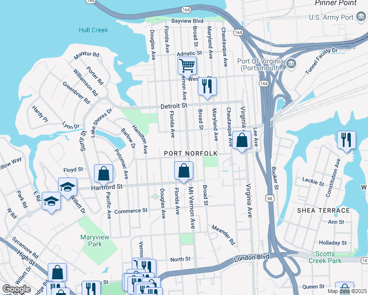 map of restaurants, bars, coffee shops, grocery stores, and more near 513 Mount Vernon Avenue in Portsmouth