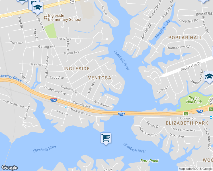 map of restaurants, bars, coffee shops, grocery stores, and more near 833 Townsend Place in Norfolk