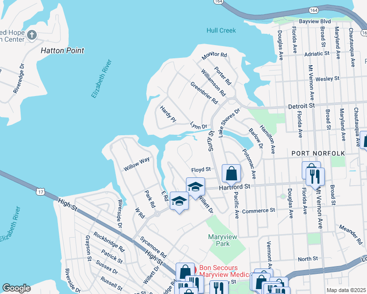 map of restaurants, bars, coffee shops, grocery stores, and more near 521 Lanier Crescent in Portsmouth