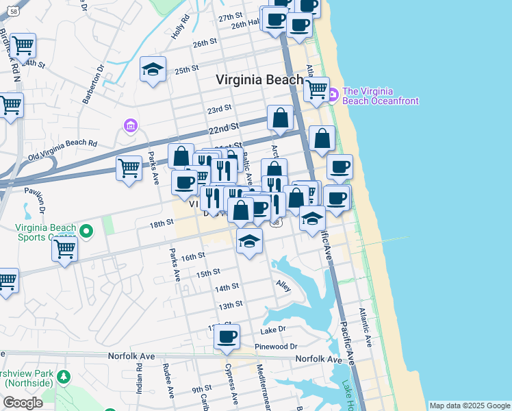 map of restaurants, bars, coffee shops, grocery stores, and more near Baltic Avenue in Virginia Beach