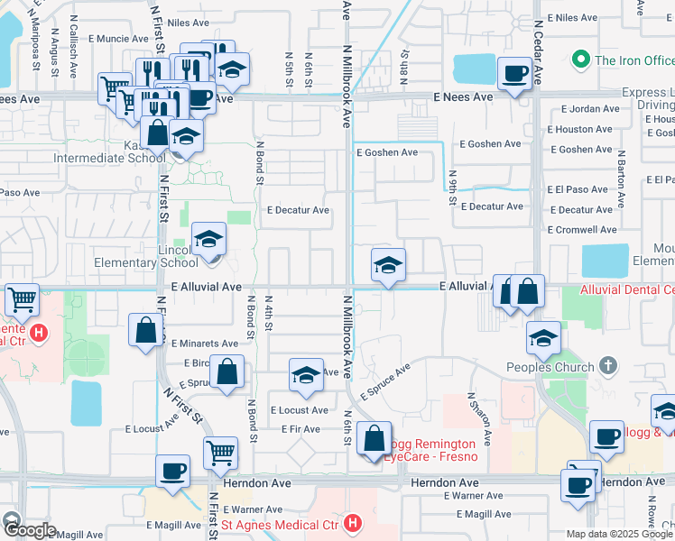 map of restaurants, bars, coffee shops, grocery stores, and more near 7432 North 6th Street in Fresno