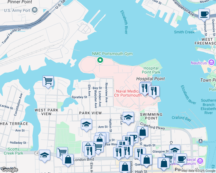 map of restaurants, bars, coffee shops, grocery stores, and more near 39 Riverview Avenue in Portsmouth