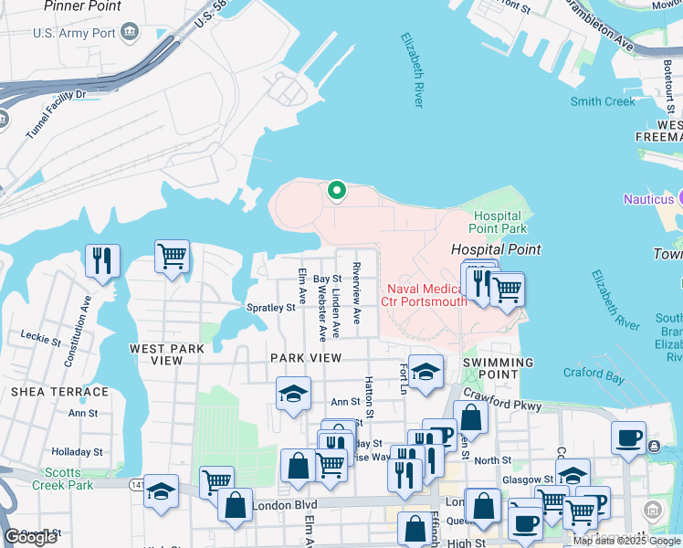 map of restaurants, bars, coffee shops, grocery stores, and more near 1020 Bay Street in Portsmouth