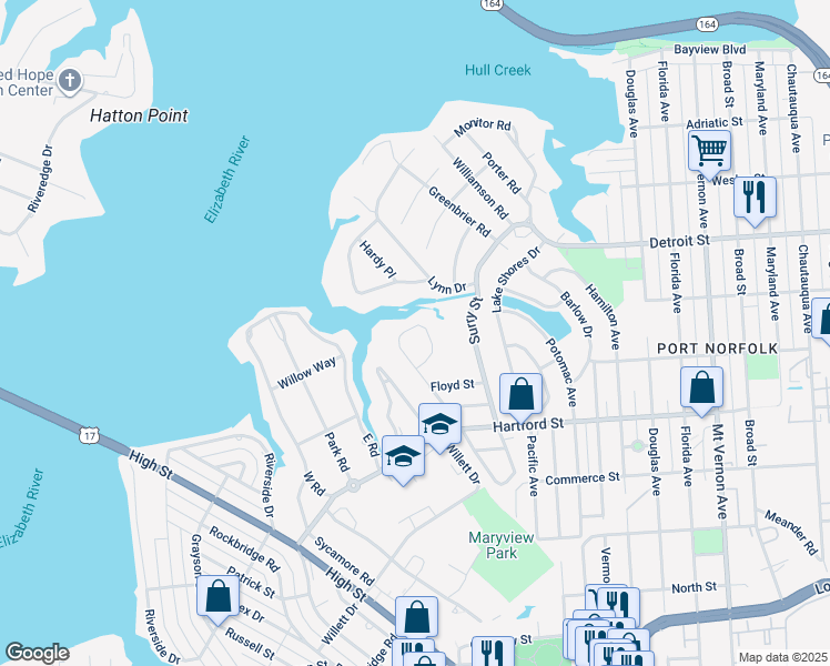 map of restaurants, bars, coffee shops, grocery stores, and more near 519 Lanier Crescent in Portsmouth