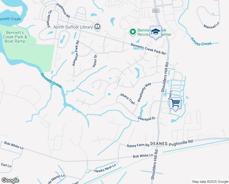 map of restaurants, bars, coffee shops, grocery stores, and more near 3511 Farrier Cove in Suffolk