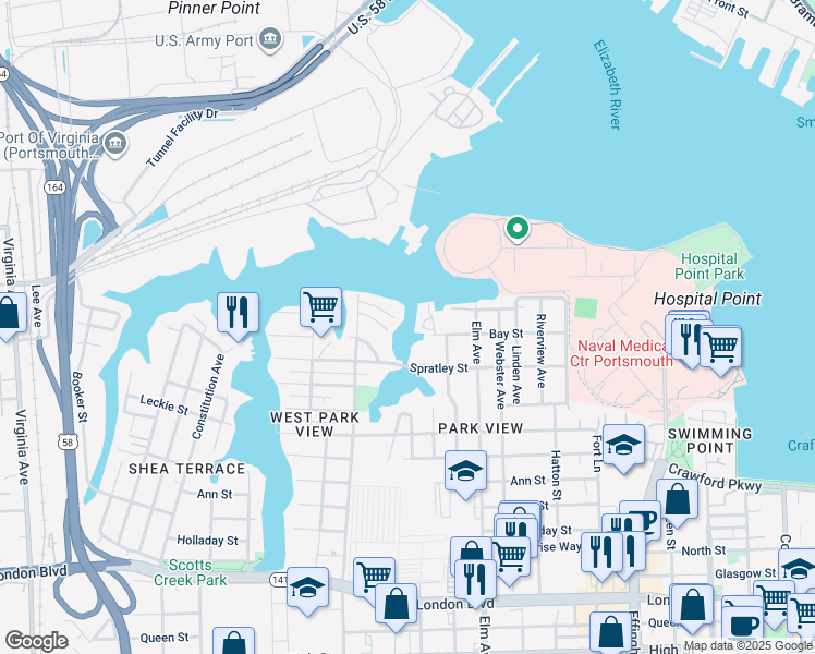 map of restaurants, bars, coffee shops, grocery stores, and more near 1503 Bradford Terrace in Portsmouth