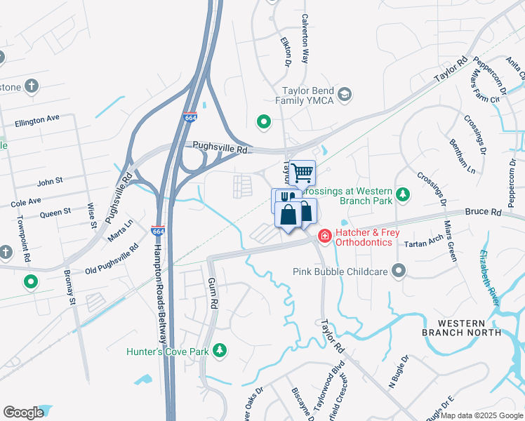 map of restaurants, bars, coffee shops, grocery stores, and more near 3328 Station House Road in Chesapeake