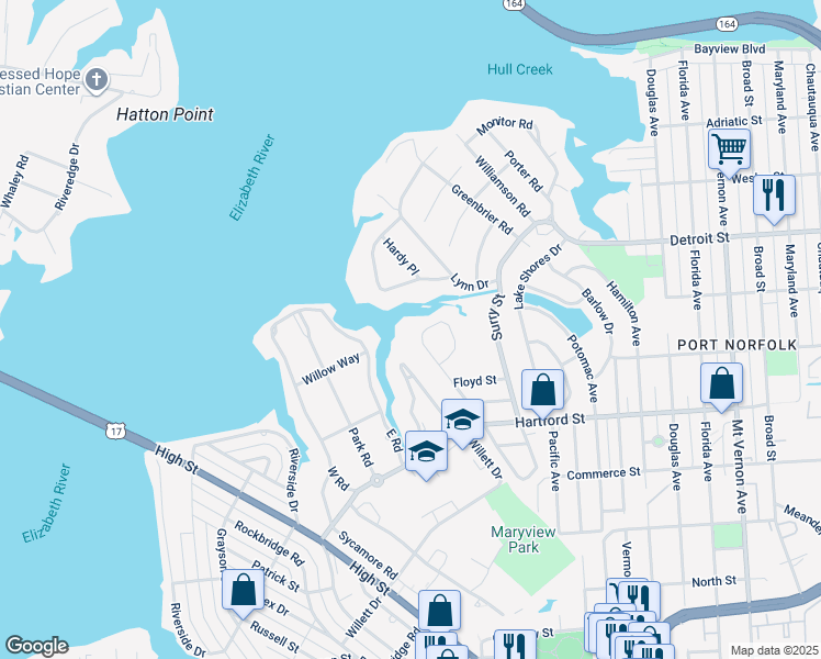 map of restaurants, bars, coffee shops, grocery stores, and more near 542 Lanier Crescent in Portsmouth