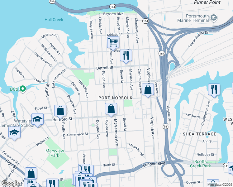 map of restaurants, bars, coffee shops, grocery stores, and more near 513 Mount Vernon Avenue in Portsmouth
