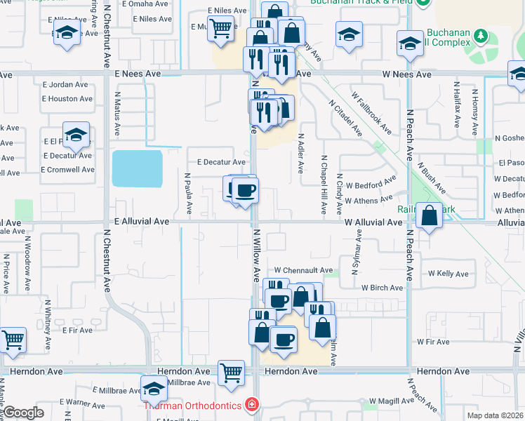 map of restaurants, bars, coffee shops, grocery stores, and more near 871 North Willow Avenue in Clovis