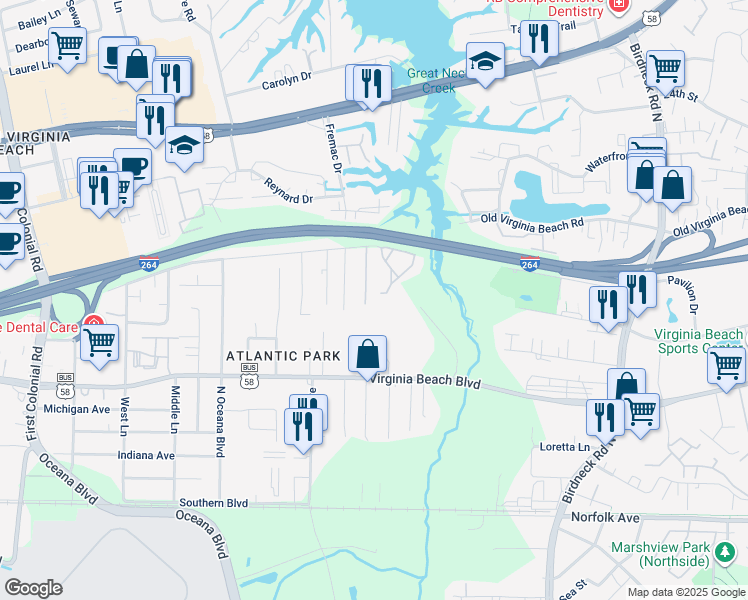 map of restaurants, bars, coffee shops, grocery stores, and more near 450 Lisa Square in Virginia Beach