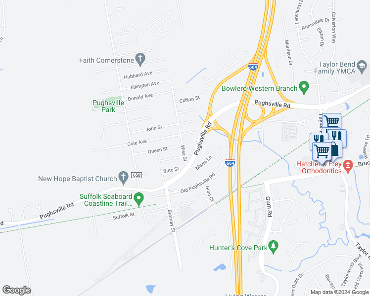 map of restaurants, bars, coffee shops, grocery stores, and more near 5048 Queen Street in Chesapeake