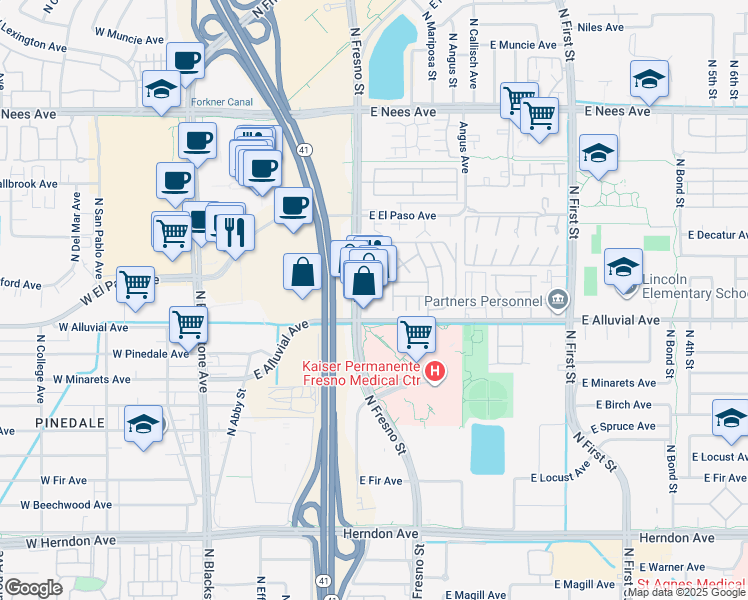 map of restaurants, bars, coffee shops, grocery stores, and more near 7472 North Fresno Street in Fresno