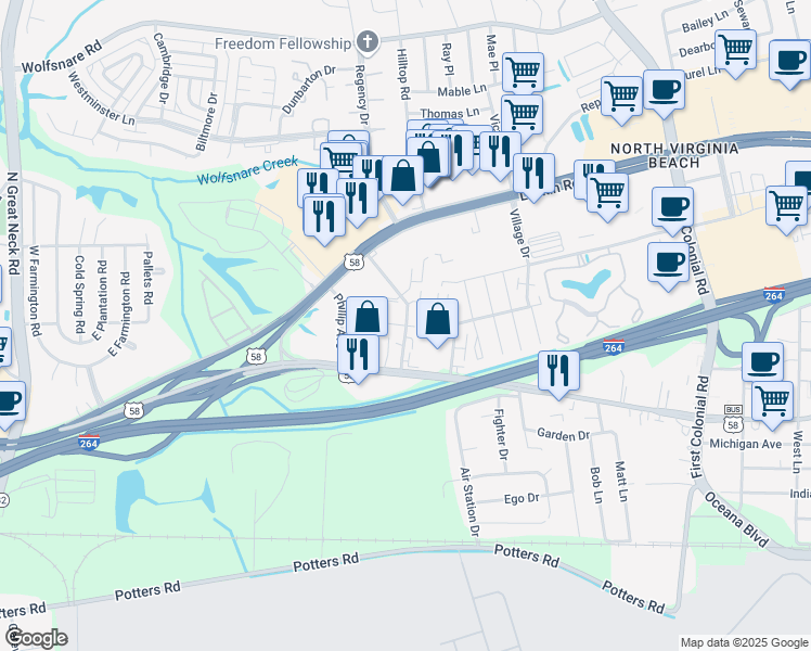 map of restaurants, bars, coffee shops, grocery stores, and more near Maxey Manor Court in Virginia Beach