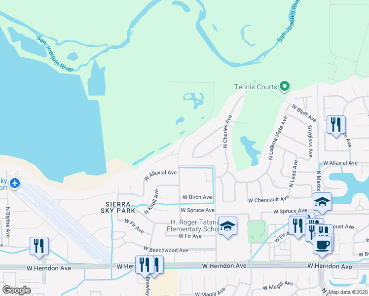 map of restaurants, bars, coffee shops, grocery stores, and more near 7510 North Valentine Avenue in Fresno